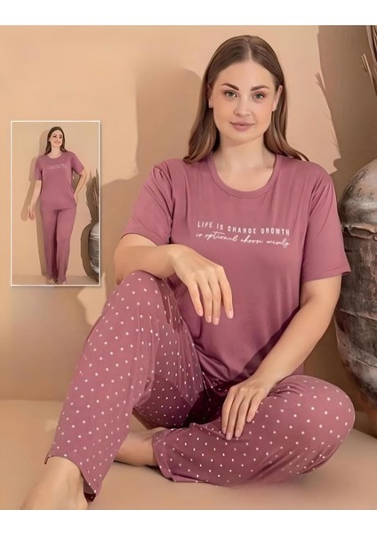 Kadın Milan Büyük Beden Bisiklet Yaka Kısa Kol Ince Pijama Takımı 11052 - 1 Adet