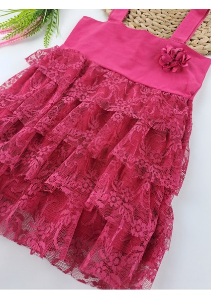 Kız Çocuk Dantelli Elbise Askılı Çiçek Detaylı Pembe ve Açık Pembe Renk Seçenekleri fiyatları