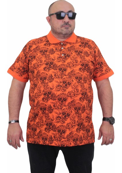 Mocgrande Erkek Büyük Beden Polo Yaka Tişört Skull 24454 Turuncu