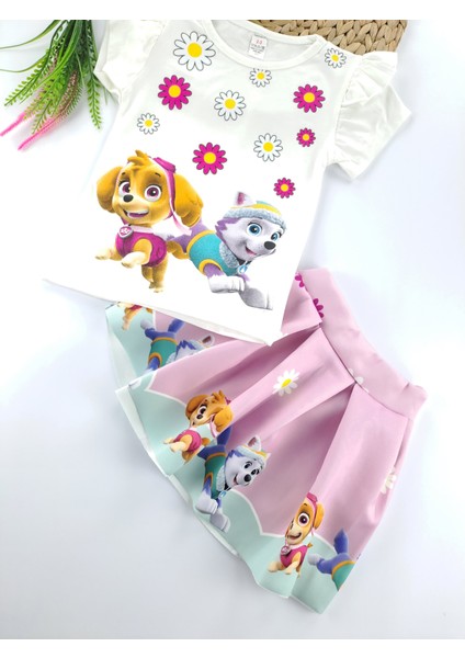 Kız Çocuk Pembe Etek Tişort Şapka Üçlü Takım Baskılı