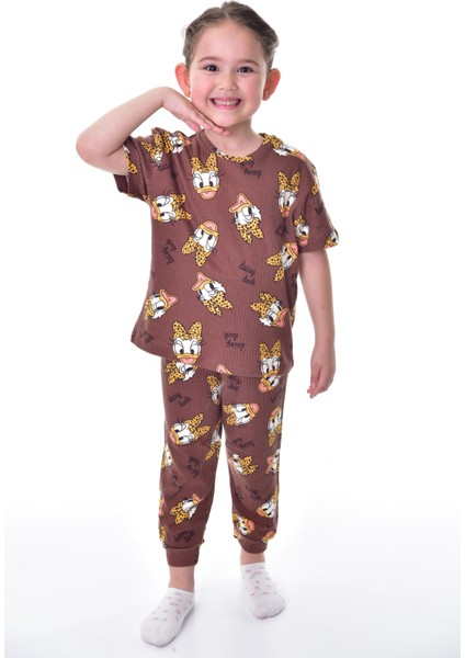 Pamuk Interlok Kumaş Kısa Kollu Daisy Duck Desenli Kısa Kollu Yazlık Kız Çocuk Pijama Takımı
