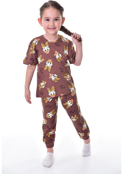 Pamuk Interlok Kumaş Kısa Kollu Daisy Duck Desenli Kısa Kollu Yazlık Kız Çocuk Pijama Takımı