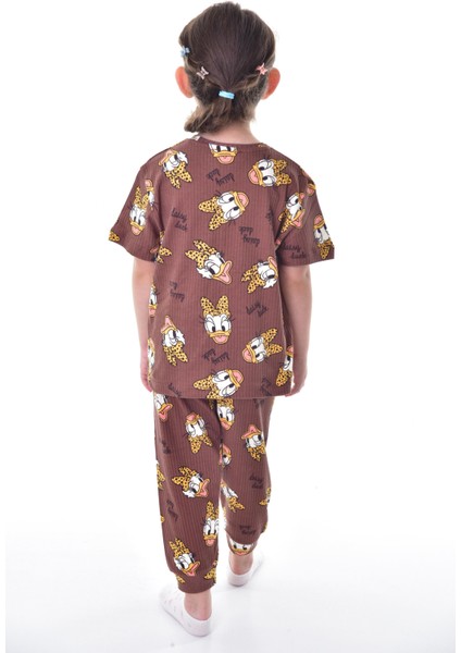 Pamuk Interlok Kumaş Kısa Kollu Daisy Duck Desenli Kısa Kollu Yazlık Kız Çocuk Pijama Takımı