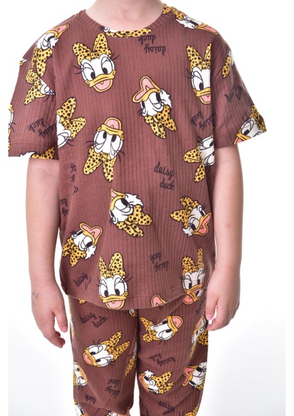 Pamuk Interlok Kumaş Kısa Kollu Daisy Duck Desenli Kısa Kollu Yazlık Kız Çocuk Pijama Takımı