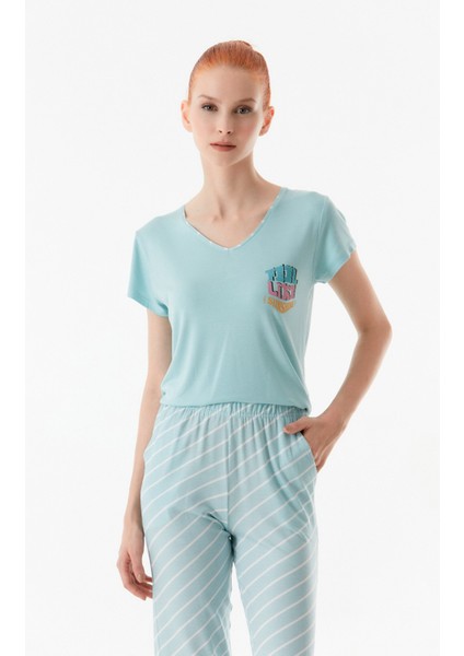 Yazı Baskılı Bisiklet Yaka Pijama Takımı indirimleri