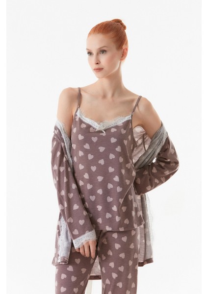 Kalp Baskılı Ip Askılı 3 Lü Pijama Takımı