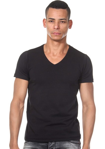 V Yaka Düz Siyah Erkek T-Shirt DZN8611