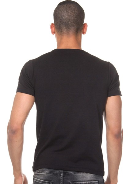 V Yaka Düz Siyah Erkek T-Shirt DZN8611