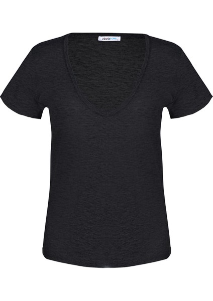V Yaka Düz Siyah Erkek T-Shirt DZN8711