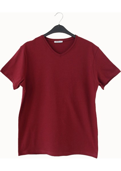 V Yaka Düz Bordo Erkek T-Shirt DZN8620