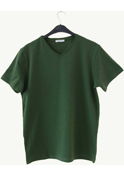V Yaka Düz Yeşil Erkek T-Shirt DZN8619