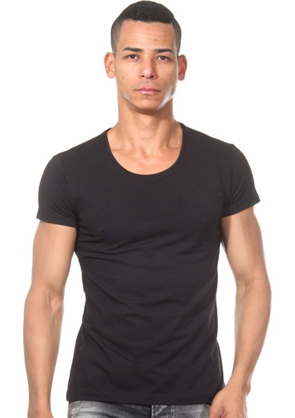 Bisiklet Yaka Düz Siyah Erkek T-Shirt DZN8501