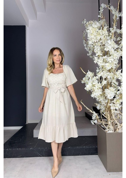 G1027 Dantel Detaylı Keten Elbise Bej modelleri