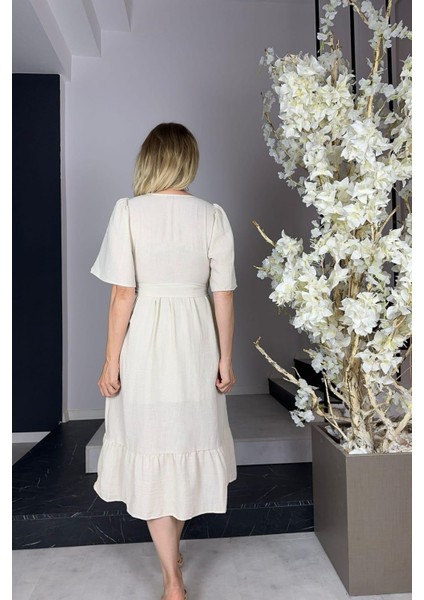 G1027 Dantel Detaylı Keten Elbise Bej fırsatları