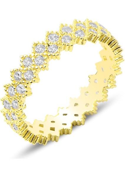 Gümüş Altın Yaldızlı Zirkon Taşlı Çift Sıra Çapraz Tamtur Yüzük SGTL12118GOLD