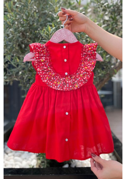 Çiçekli Fırfır ve Kurdele Detaylı Kırmızı Kız Çocuk Bebek Poplin Elbise