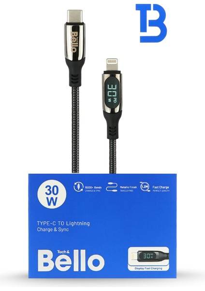 BA-03 Type-C Lightning Göstergeli Örgülü Hızlı Şarj Data Kablosu 30W 1.2m