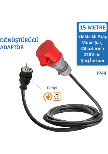 Bemis 15 Metre Dönüştürücü Adaptör. 380V Güç Kaynaklı Elektrikli Araç Mobil Şarj Cihazını 220V Dönüştürür