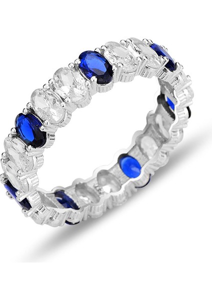 Gümüş Rodyumlu Oval Baget Kesim Safir ve Zirkon Taşlı Tamtur Yüzük SGTL12399SAFIR