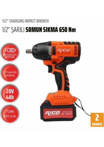 Akülü Somun Sıkma Sökme Çift Akü 20 V 4 Ah 650 Nm Tork 1''2 Rico