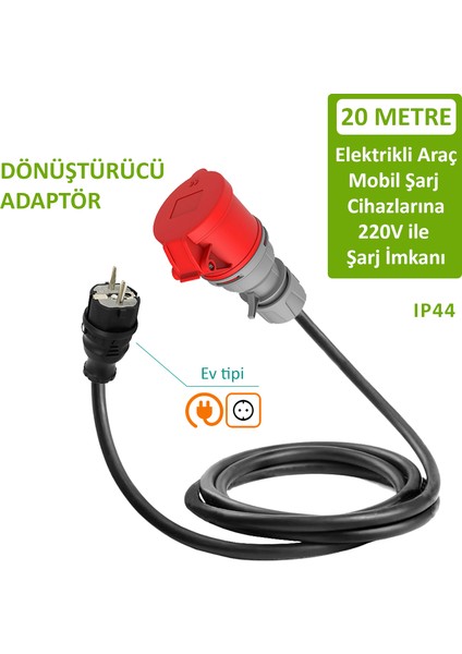 Bemis 20 Metre Dönüştürücü Adaptör. 380V Güç Kaynaklı Elektrikli Araç Mobil Şarj Cihazını 220V Dönüştürür