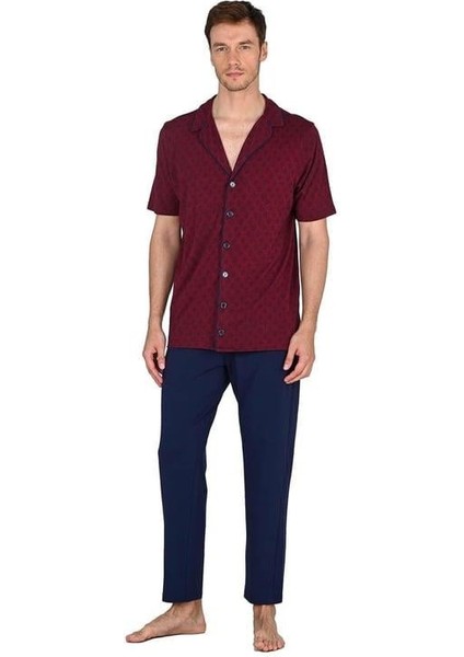 Bordo Erkek Önden Düğmeli Kısa Kollu Pijama Takımı
