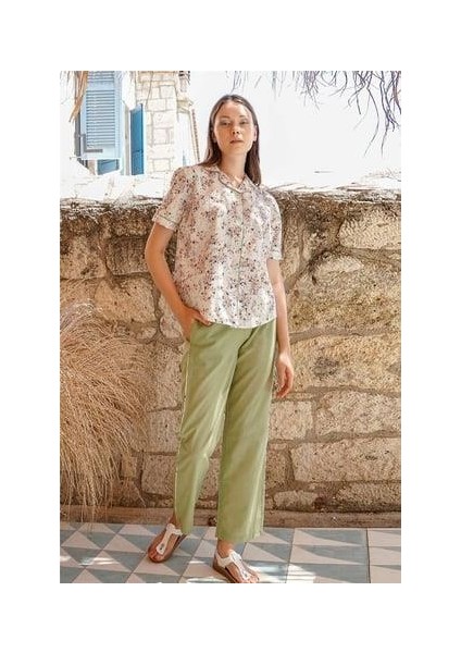 Yeşil Kadın Çiçekli Düğmeli Kısa Kol Pijama Takımı