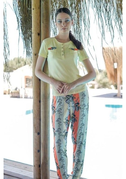 Sarı Kadın Kısa Kol Pijama Takımı