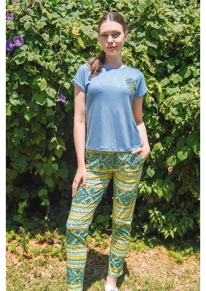 Mavi Kadın Kısa Kol Pijama Takımı