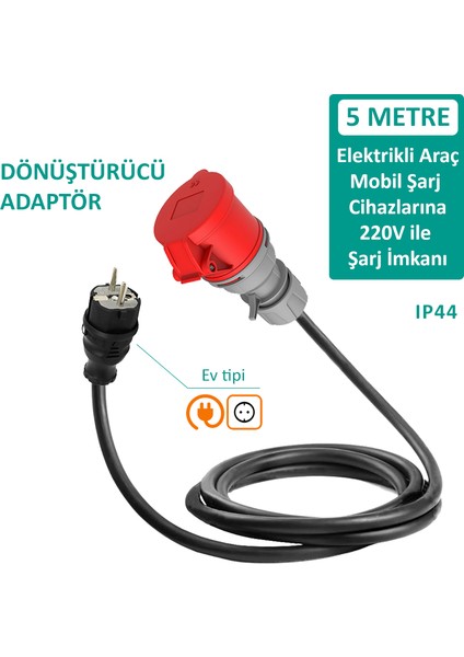 Bemis 5 Metre Dönüştürücü Adaptör. 380V Güç Kaynaklı Elektrikli Araç Şarj Cihazını 220V Dönüştürür