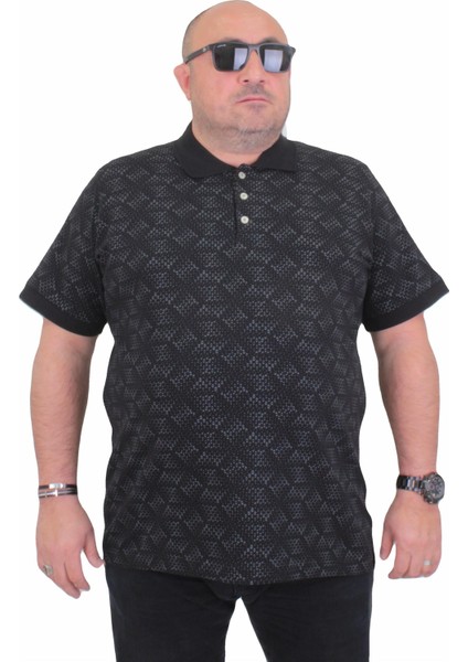 Erkek Büyük Beden Polo Yaka Üçgen Baskılı Tişört 24450 Sıyah
