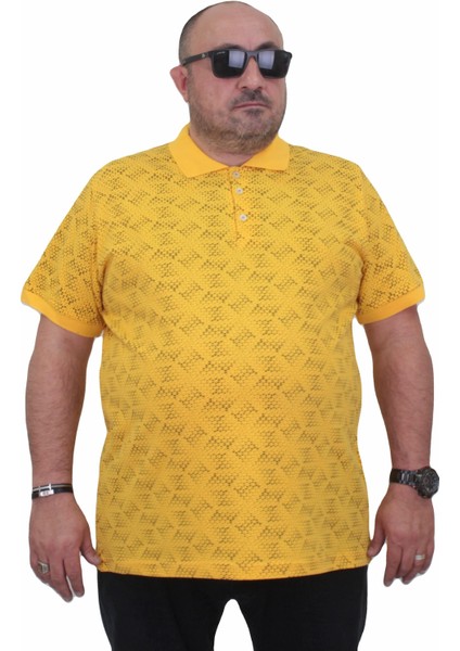 Erkek Büyük Beden Polo Yaka Üçgen Baskılı Tişört 24450 Sarı