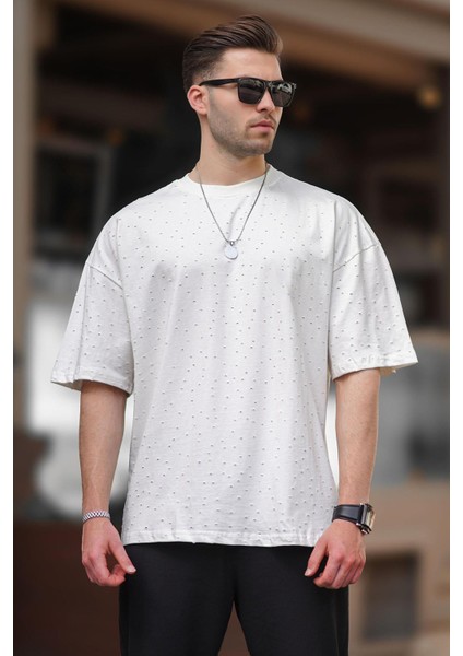Ekru Oversize Yırtık Deyatlı Pamuklu Tişört 7032
