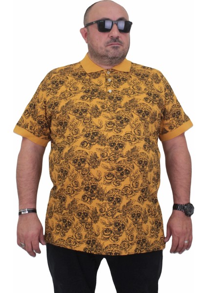 Erkek Büyük Beden Polo Yaka Tişört Skull 24454 Hardal