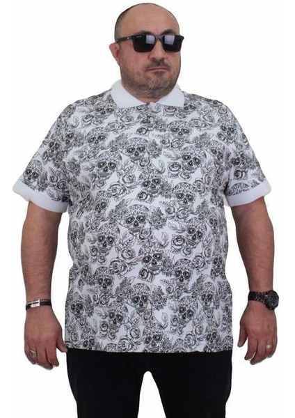 Erkek Büyük Beden Polo Yaka Tişört Skull 24454 Beyaz