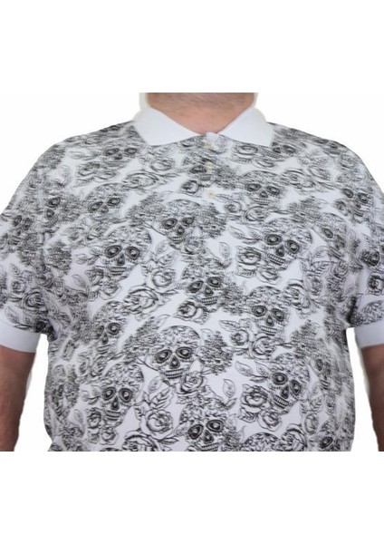 Erkek Büyük Beden Polo Yaka Tişört Skull 24454 Beyaz modelleri