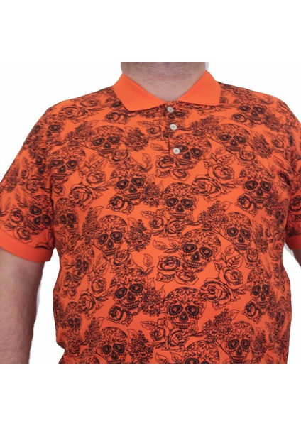 Erkek Büyük Beden Polo Yaka Tişört Skull 24454 Turuncu modelleri