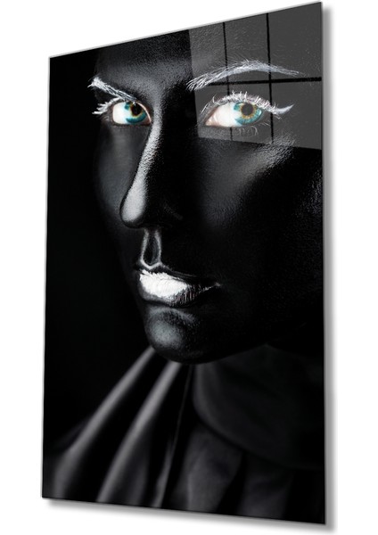 Beyaz Makyajlı Kadın Portresi Cam Tablo, Renkli Gözlü, Ev ve Ofis Duvar Dekoru, Hediyelik Temperli