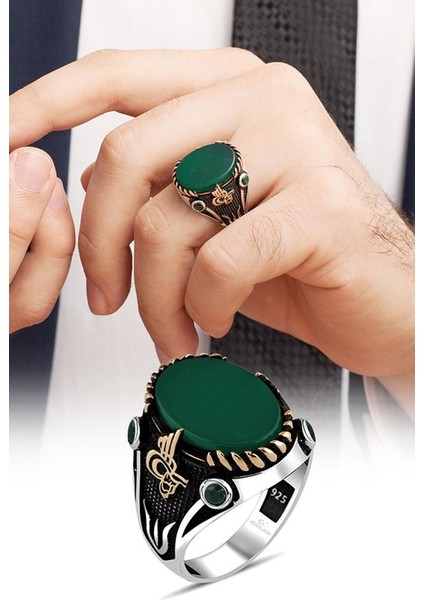 Yeşil Akik Taşlı Tuğra Desenli Gümüş Erkek Yüzük