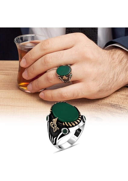 Yeşil Akik Taşlı Tuğra Desenli Gümüş Erkek Yüzük fırsatları