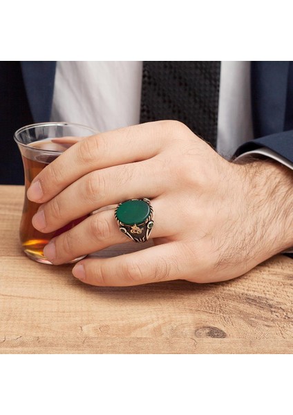 Yeşil Akik Taşlı Tuğra Desenli Gümüş Erkek Yüzük indirimleri