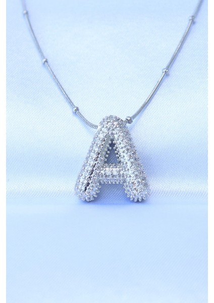 316L Çelik Zincirli Zirkon Taşlı A Harfli Gümüş Renk Bubble Kolye - EBJ240608W24835