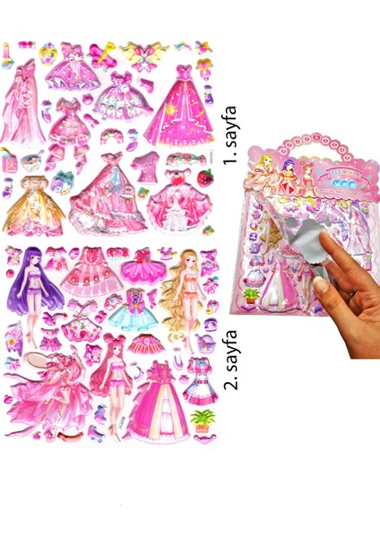 Sticker Kabartmalı Çantalı Iki Sayfalı Sticker Seti (HQK009) - 21X17 cm - Prenses Giydirme