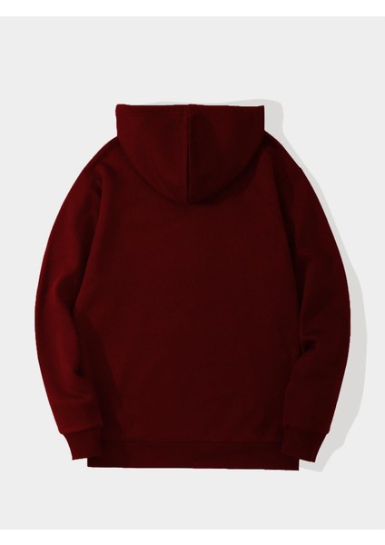 Unisex Basic Düz Renk Kapüşonlu Içi Yumuşak Polarlı Oversize Sweatshirt - Bordo