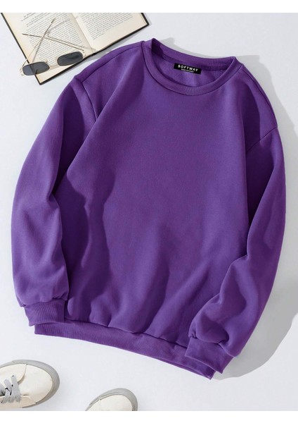 Unisex Oversize Bisiklet Yaka Basic Düz Sweatshirt - Mor