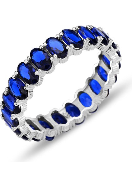 Gümüş Rodyumlu Oval Baget Kesim Safir Taşlı Tamtur Yüzük SGTL12400SAFIR