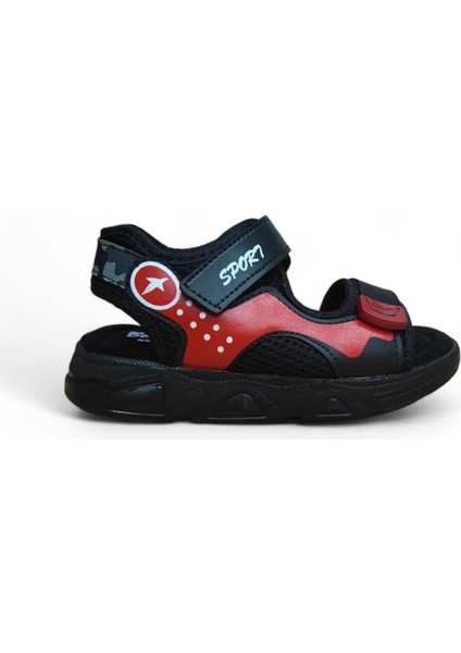 Erkek Çocuk Cırtlı Hafif Rahat Taban Sandalet Siyah-Kırmızı