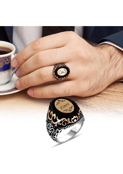 Plaka Isimli Siyah Onix Taşlı 925 Gümüş Erkek Yüzük