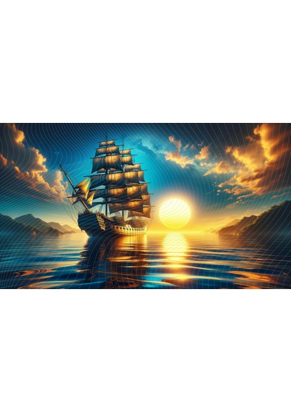 Gün Batımı ve Yelkenli Arkaplanı Deniz ve Macera Temalı Duvar Örtüsü 200 x 150 cm