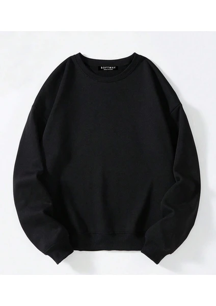 Unisex Oversize Bisiklet Yaka Basic Düz Sweatshirt - Siyah